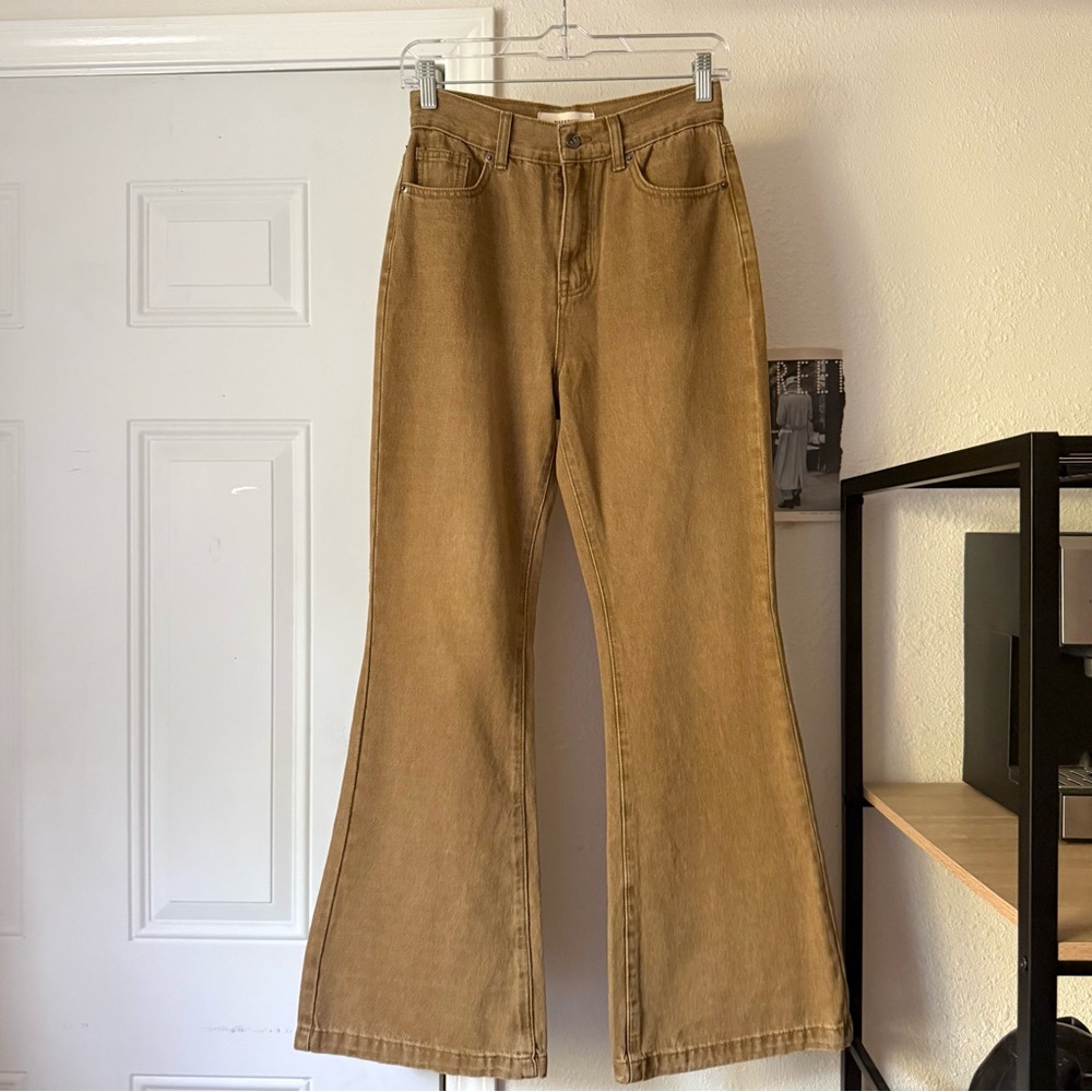 MADEINOST mustard khaki tan bootcut flare wide leg cropped denim pants jeans